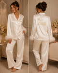 Ensemble Pyjama en satin Créme manches longues avec plumes